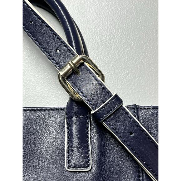 Talbots Crossbody Leather Tote Shoulder Bag Navy Blue Handbag Purse Bow Zip Top - Picture 5 of 9